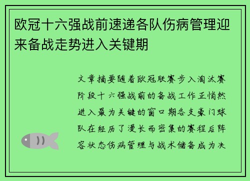 欧冠十六强战前速递各队伤病管理迎来备战走势进入关键期